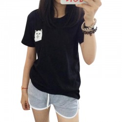 Women T Shirt 2015 Summer Style T-shirt Print Middle Finger Pocket Cat Harajuku O-neck Short Sleeve Cotton Couple Tee Plus Size