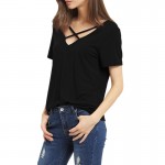Women T Shirt 2017 Summer Fashion Bandage Sexy V Neck Criss Cross Top Casual Lady Female T-shirt Plus Size Lady Tees T Shirt  