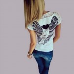 Women T shirt Back Hollow Angel Wings Tops Summer Style Lace Short Sleeve Tops Clothing