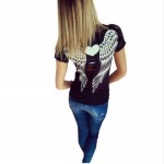 Women T shirt Back Hollow Angel Wings Tops Summer Style Lace Short Sleeve Tops Clothing