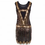 Women Vintage Inspired Shining Black Gold 1920s Beading Sequin Art Deco Gatsby Flapper Dress Sleeveless Holiday Party Dress 