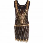 Women Vintage Inspired Shining Black Gold 1920s Beading Sequin Art Deco Gatsby Flapper Dress Sleeveless Holiday Party Dress 