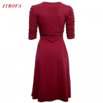 Women Vintage Summer Dresses Long Sleeve V Neck A Line Office Dresses 2017 OL Work Elegant Ruffles Elastic Cloth Party Cocktail