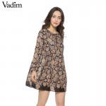 Women Vintage floral pleated mini Dress Vestido feminina O neck long sleeve casual slim brand Europen dress QZ1699