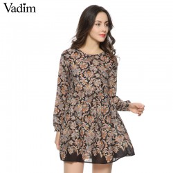 Women Vintage floral pleated mini Dress Vestido feminina O neck long sleeve casual slim brand Europen dress QZ1699