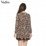 Women Vintage floral pleated mini Dress Vestido feminina O neck long sleeve casual slim brand Europen dress QZ1699