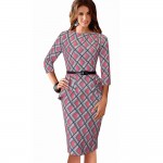 Women Wear To Work Office Dress Knee Length Decorate Ruffle Three Quarter Sleeve Sheath Party Plaid Bodycon Pencil Dresses B267