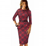 Women Wear To Work Office Dress Knee Length Decorate Ruffle Three Quarter Sleeve Sheath Party Plaid Bodycon Pencil Dresses B267
