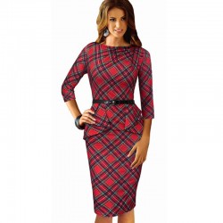 Women Wear To Work Office Dress Knee Length Decorate Ruffle Three Quarter Sleeve Sheath Party Plaid Bodycon Pencil Dresses B267