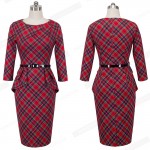 Women Wear To Work Office Dress Knee Length Decorate Ruffle Three Quarter Sleeve Sheath Party Plaid Bodycon Pencil Dresses B267