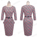 Women Wear To Work Office Dress Knee Length Decorate Ruffle Three Quarter Sleeve Sheath Party Plaid Bodycon Pencil Dresses B267