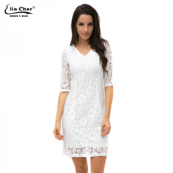 Women White Lace Sexy Bodycon V Neck Long Sleeve Dresses White Party Evening Elegant Autumn Winter Vintage Dress Vestidos 8683