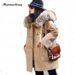 Women Winter Cashmere Coat Outerwear Ladies Overcoat Spring Coat Fashion Long Real Raccoon Fur Collar Hooded Wool Coat Women