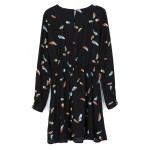 Women color feather print dress summer vintage black chiffon mini A line dress O neck long sleeve casual  Vestido feminina QZ737