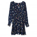 Women color feather print dress summer vintage black chiffon mini A line dress O neck long sleeve casual  Vestido feminina QZ737