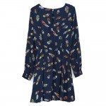 Women color feather print dress summer vintage black chiffon mini A line dress O neck long sleeve casual  Vestido feminina QZ737