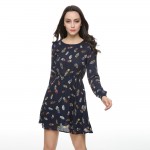 Women color feather print dress summer vintage black chiffon mini A line dress O neck long sleeve casual  Vestido feminina QZ737