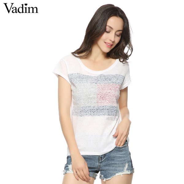 Women cotton flag print t shirt short sleeve white tees camisas femininas summer casual loose O-neck tops DT398