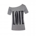 Women cute LOVE letters print T shirt short sleeve off shoulder shirts camisas femininas casual solid plus size tops DT382