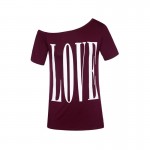 Women cute LOVE letters print T shirt short sleeve off shoulder shirts camisas femininas casual solid plus size tops DT382