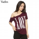 Women cute LOVE letters print T shirt short sleeve off shoulder shirts camisas femininas casual solid plus size tops DT382