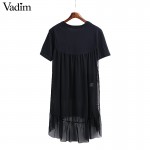 Women mesh patchwork black ruffles dress transparent pleated short sleeve o neck dresses female summer casual vestidos QZ2752