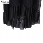 Women mesh patchwork black ruffles dress transparent pleated short sleeve o neck dresses female summer casual vestidos QZ2752