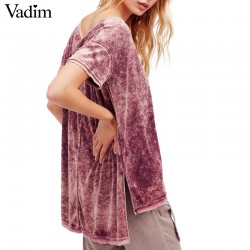 Women oversized velvet T shirt vintage solid short sleeve o neck loose tees ladies spring casual brand tops camiseta DT869