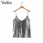Women sexy V neck camis shirts silver sleeveless backless summer tank tops solid color ladies casual streetwear tops WT392