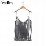 Women sexy V neck camis shirts silver sleeveless backless summer tank tops solid color ladies casual streetwear tops WT392