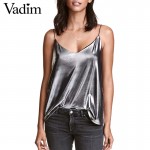 Women sexy V neck camis shirts silver sleeveless backless summer tank tops solid color ladies casual streetwear tops WT392