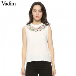 Women sweet white embroidery floral t shirt sleeveless casual summer tees camisas femininas O-neck elegant tops WT212