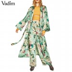 Women vintage floral kimono coat open stitch sashes outerwear ladies European style casual fashion long tops CT1435