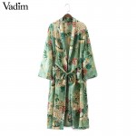 Women vintage floral kimono coat open stitch sashes outerwear ladies European style casual fashion long tops CT1435