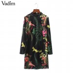 Women vintage floral leaf velvet dress back zipper turtleneck long sleeve retro casual mini summer female vestidos QZ2805