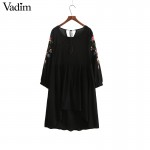 Women vintage flower embroidery black dress o neck with tie pleated mujer Faldas summer beach casual dresses QZ2859