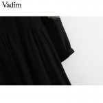 Women vintage flower embroidery black dress o neck with tie pleated mujer Faldas summer beach casual dresses QZ2859