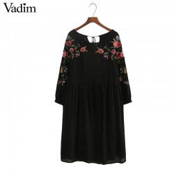 Women vintage flower embroidery black dress o neck with tie pleated mujer Faldas summer beach casual dresses QZ2859
