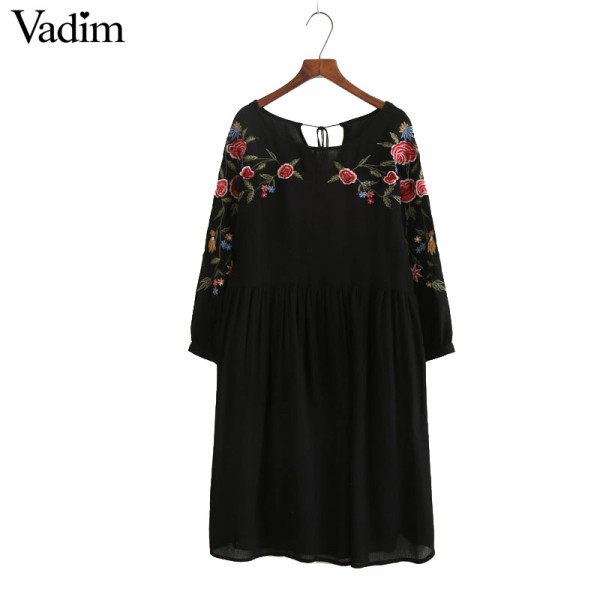 Women vintage flower embroidery black dress o neck with tie pleated mujer Faldas summer beach casual dresses QZ2859