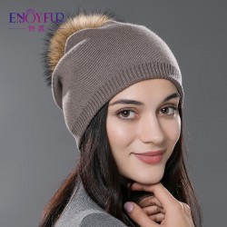 Women winter hat wool knitted beanies cap real natural fox fur pompom hats solid colors gorros cap female causal hat