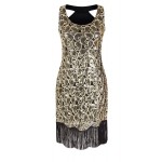 Women's 1920s Sequin Paisley Pattern Racer Back Flapper Black Gold Dress Sexy Fringe Great Gatsby Party Dress Vestidos De Fiesta