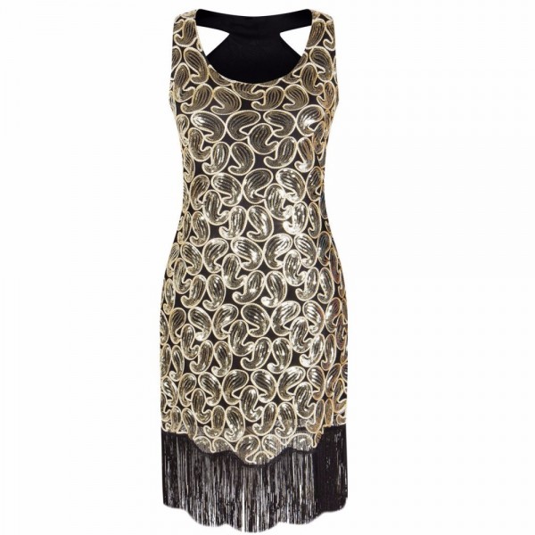 Women's 1920s Sequin Paisley Pattern Racer Back Flapper Black Gold Dress Sexy Fringe Great Gatsby Party Dress Vestidos De Fiesta