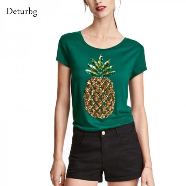 Women's Fashion Sequined 3D Pineapple T Shirt Summer Ladies Casual Short Sleeve Tops Tees Green Slim T-Shirts US M SH216