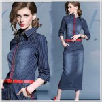 Women's Jeans Dress 2017 Spring Autumn Fashion Casual Blue Slim turn_donw Collar Belts Full Length A Line Pleated Denim Dress