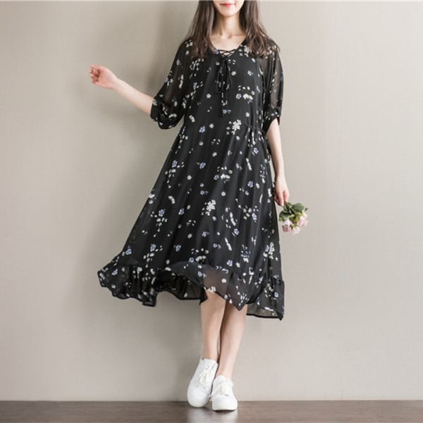 Womens Chiffon Dresses Women Summer Dress Short Sleeve V Neck Women Floral Print Summer Casual Black Beach Dresses Size M-2XL