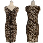 Womens Elegant Sexy Hot V Neck Leopard Draped Sleeveless Tunic Casual Party Club Clubwear Pencil Sheath Dress