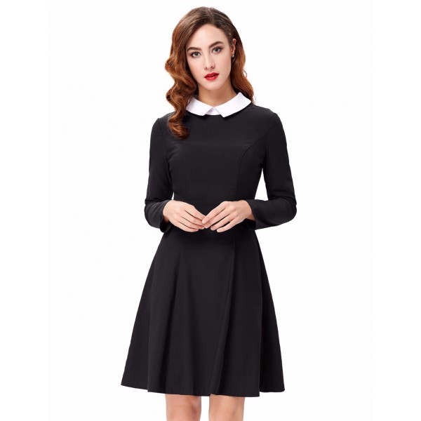 Womens Sexy Elegant Winter Fashion Women Stylish Slim Fit Long Sleeve Contrast Color Doll Collar A-Line Dress Bodycon Dress