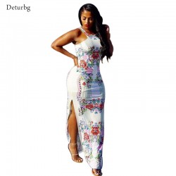Womens Sexy Floral Print Long Dress 2018 Summer Ladies Sleeveless Bodycon Split Cheongsam Vestidos Club Party Tank Dresses SD103
