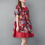 Womens Summer Dresses Floral Print Cotton and Linen Dress O Neck Vestidos Longos Vintage Dresses Size M-2XL
