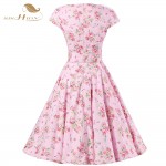 Womens Summer Elegant Belted 50s Vintage Dress Pin Up Retro Rockabilly Floral Print Cap Sleeve Pink Party Wiggle Swing Dress 257